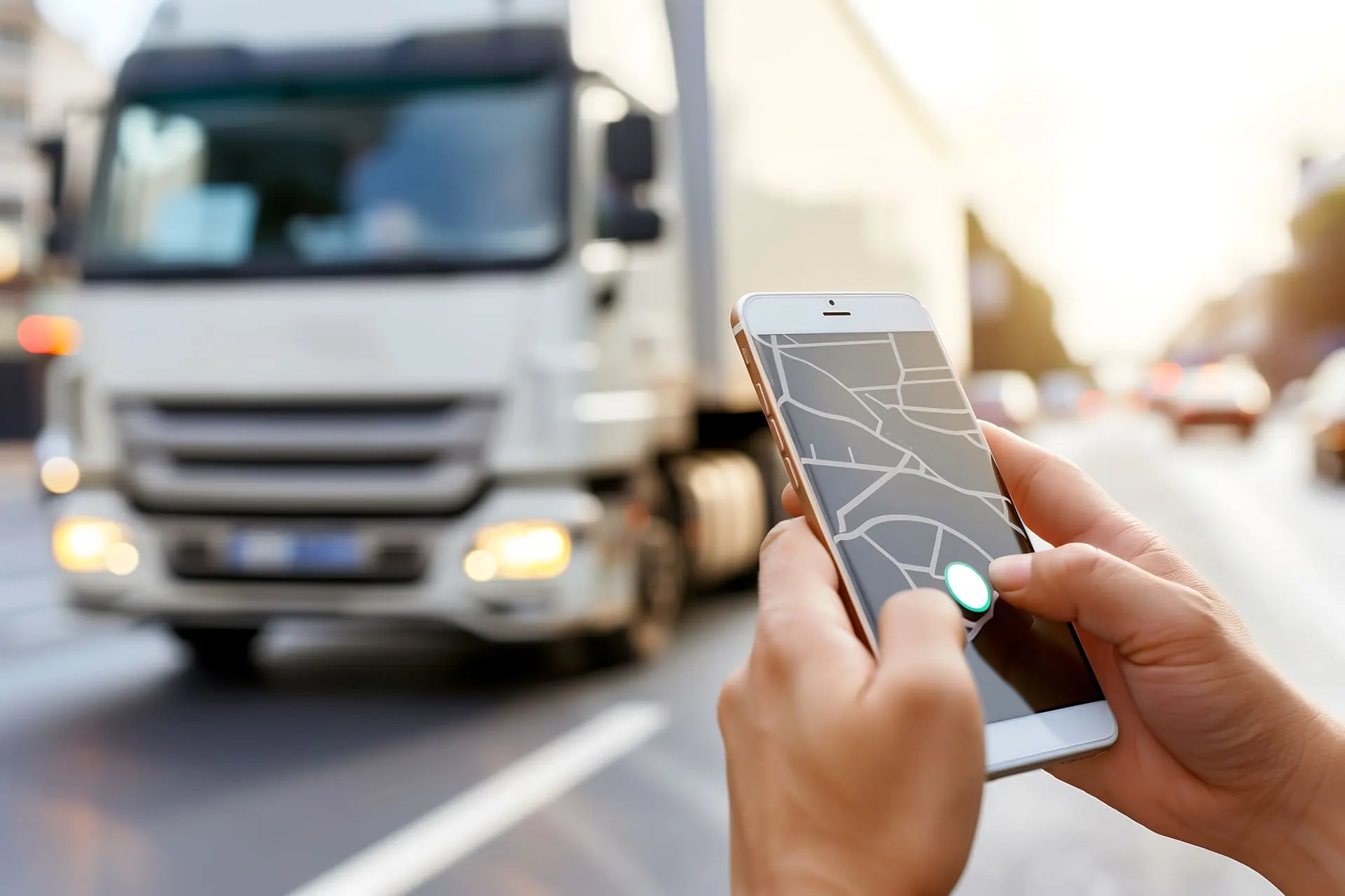 Personne avec son téléphone en train de regarder une carte, avec un camion devant elle
