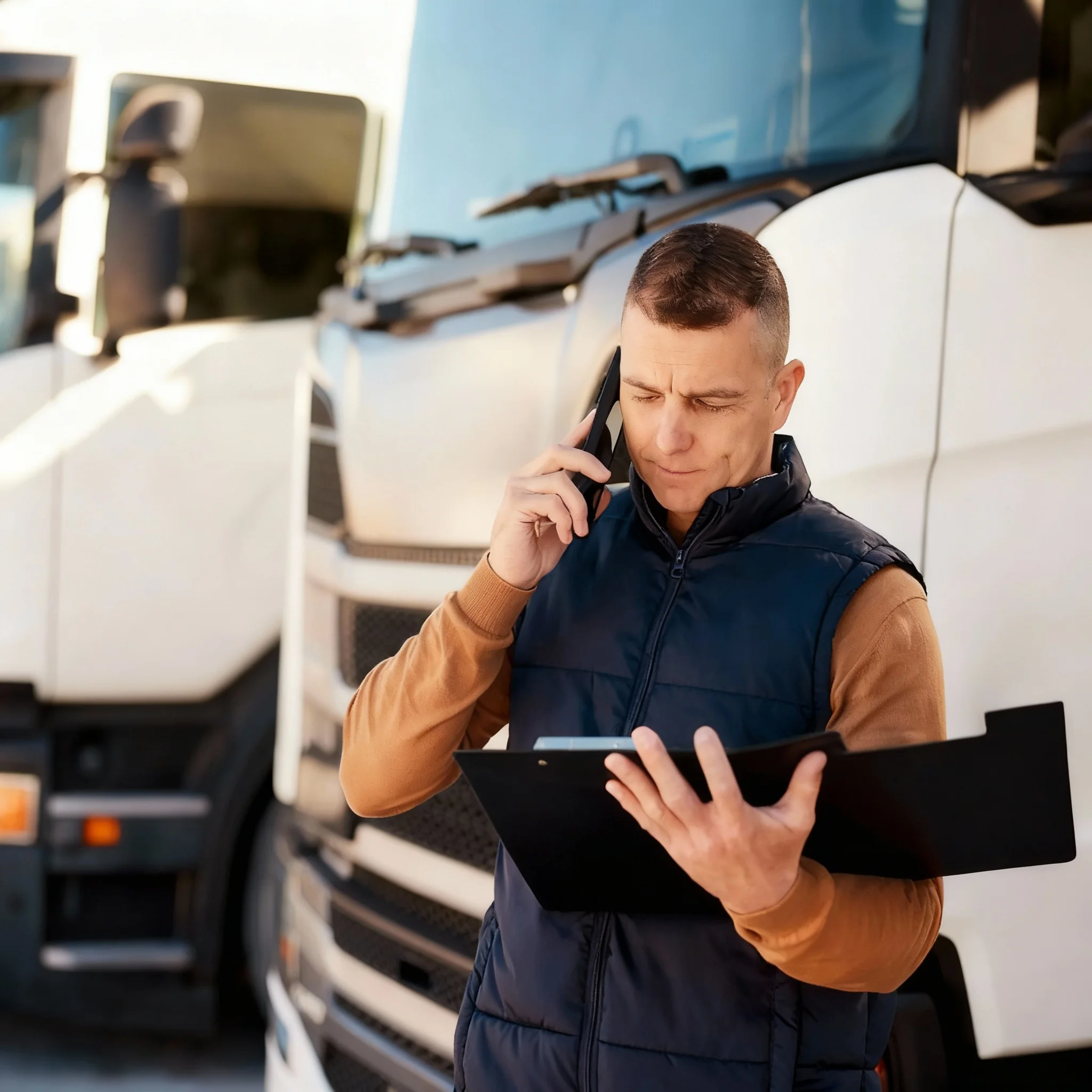 Homme au téléphone devant des camions blancs
