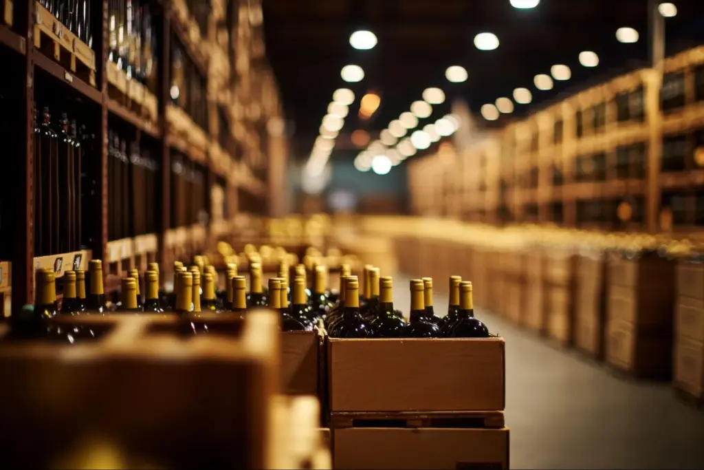 Entrepôt pour logistique viticole et caisse de vin en préparation d’un transport sécurisé