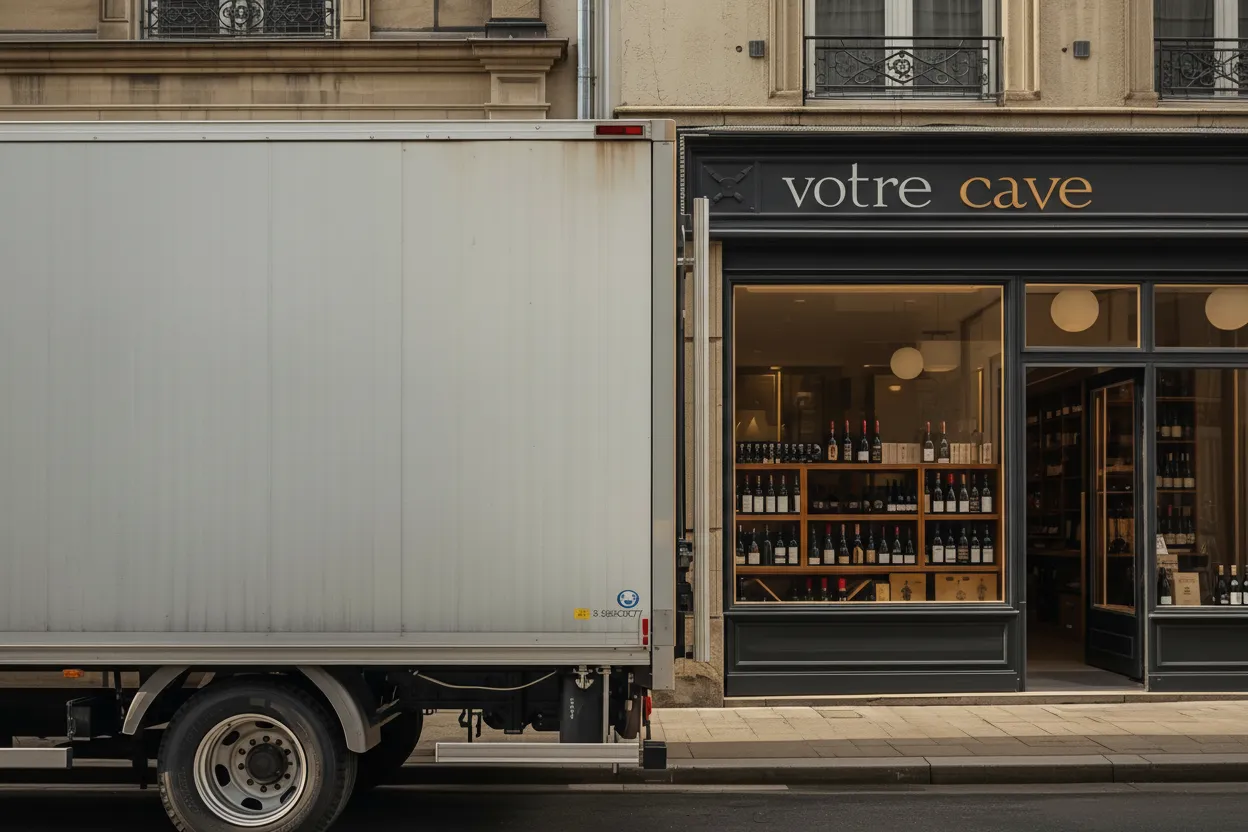 Camion blanc devant une cave