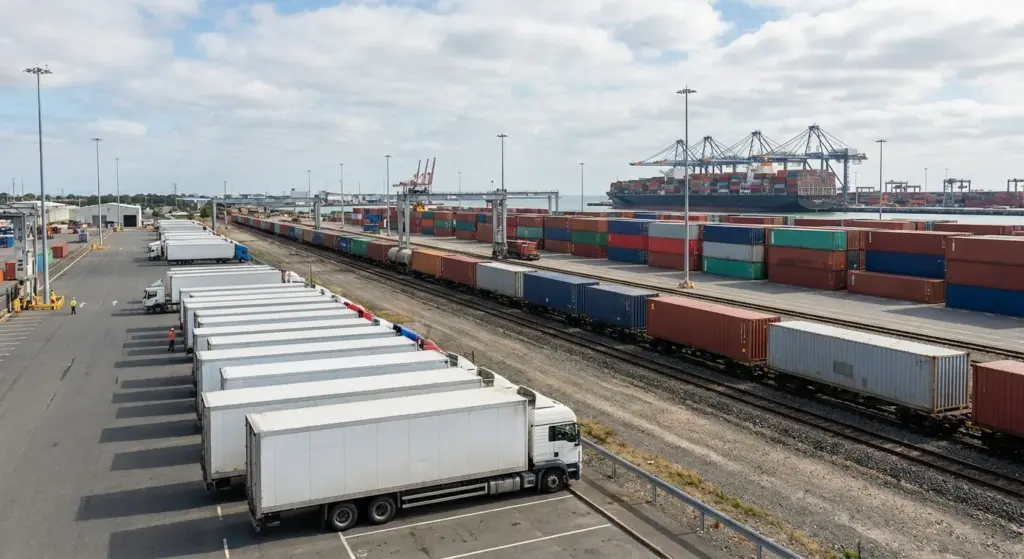 entreprise logistique drome avec camions et zone de stockage de conteneurs